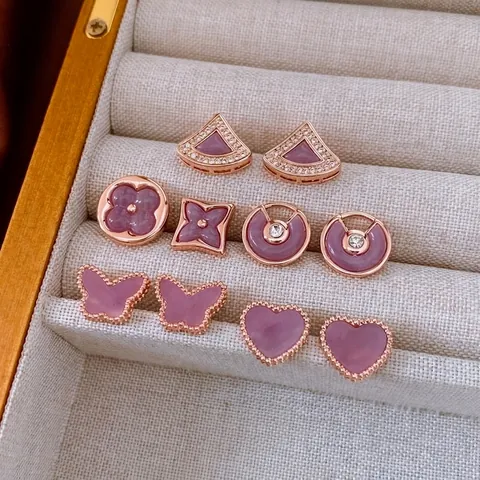 Rose Gold Butterfly Heart Fan Stud Earrings With Silver Earring Post Purple Zircon Elegant Fashion Jewelry For Women