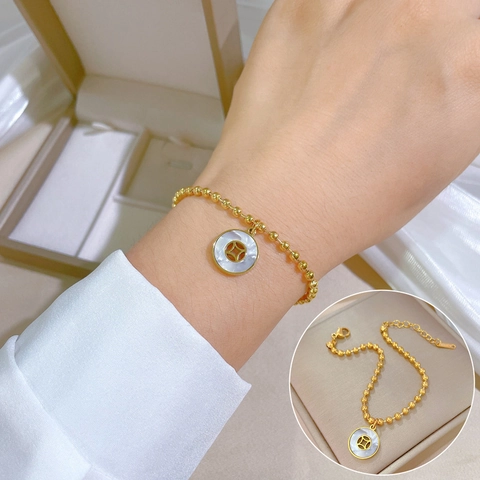 Round Bead Chain Bracelet With Mother Of Artificial Pearl Coin Charm Stainless Steel Jewelry For Women Adjustable Vintage Style