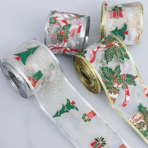 Ruban De Noël Filaire Organza Mesh Bord Doré Motif Père Noël Flocon De Neige Arbre Pour Emballage Cadeau Décoration Festive