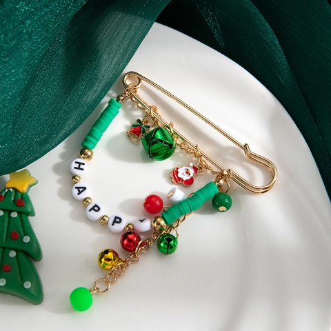 Broche Épingle De Noël Avec Pendentifs En Alliage De Zinc Cloches Et Perles De Lettres Happy Pour Décoration De Fête Femmes Rétro