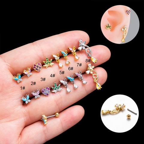 Cartilage Stud Earrings Stainless Steel Earring Post Copper Zircon Butterfly Heart Leaf Helix Piercing Jewelry For Women