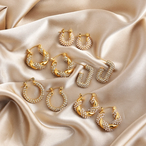 Stainless Steel 18K Gold Plated Hoop Earrings Twist Knot Rhinestone Artificial Pearl Geometric Fashion Jewelry For Women