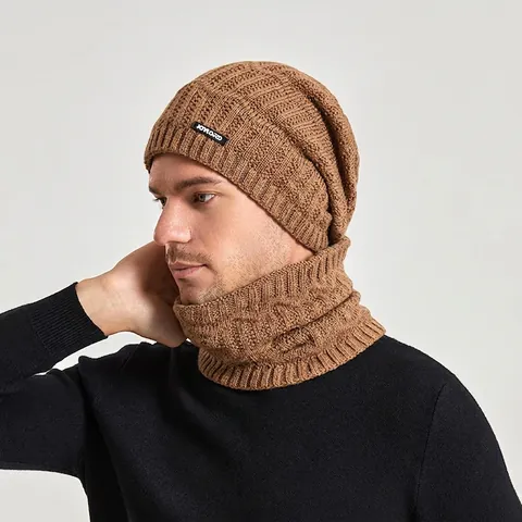 Set di Berretto in Maglia e Sciarpa con Fodera in Pile Invernale Caldo per Uomo Donna Antivento All'aperto in Acrilico a Coste Spesse