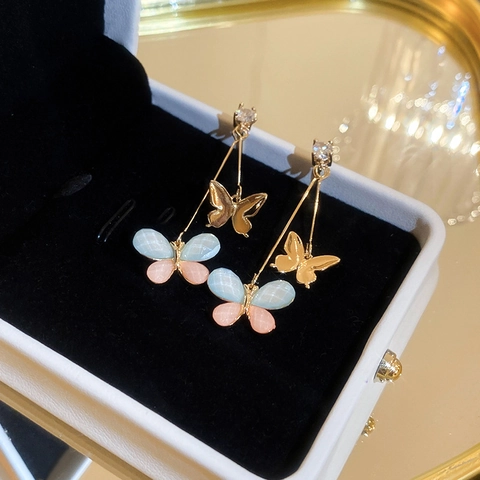 Orecchini Pendenti A Farfalla Lega Resina Zircone Con Perno In Argento Dolce Fresco Gradiente Rosa Blu Elegante Da Donna