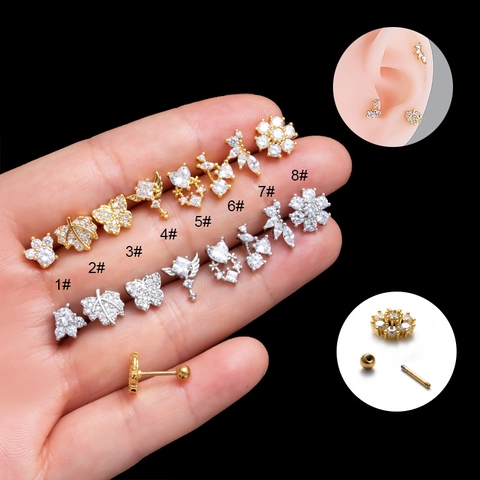 Stainless Steel Cartilage Stud Earrings Zircon Butterfly Flower Heart Shape Jewelry With Double Screw Ball Back