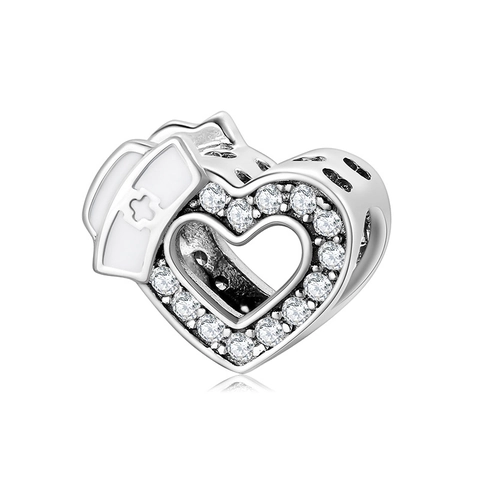 Herz Krankenschwester Hut Charm 925 Sterling Silber Funkelnde Zirkonia Perle DIY Armband Schmuckherstellung Medizinisches Geschenk