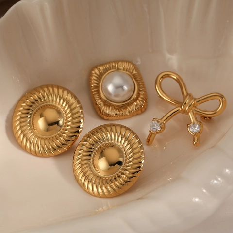 Broche Alfiler Pendientes Acero Inoxidable Lazo Redondo Cuadrado Vintage Dorado PVD Perla Artificial Circón Joyería Para Mujer