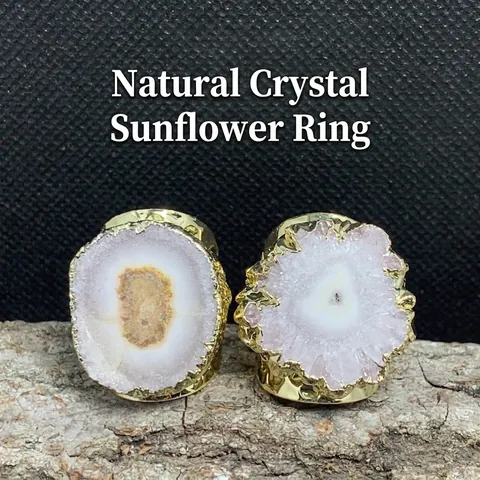 Natürlicher Weißer Kristall Sonnenblumenring 14K Vergoldet Verstellbarer Offener Ring Gehämmert Boho Schmuck Für Damen
