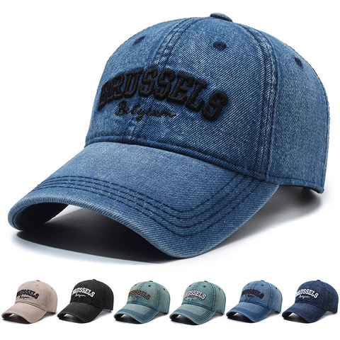 Cappellino Da Baseball In Denim Lavato Vintage Distressed Ricamo Bruxelles Belgio Cappello Da Sole Regolabile Unisex