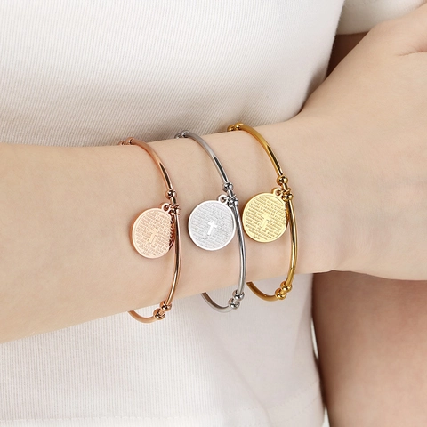 Brazalete De Acero Inoxidable Cruz Religiosa Colgante Redondo Grabado Padre Nuestro Pulsera Abierta Ajustable