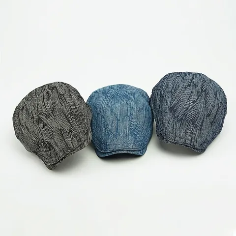 Vintage Denim Cotton Jacquard Newsboy Cap Flat Beret Adjustable Metal Buckle Retro British Style For Men Women Unisex