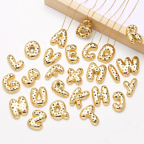 Puffy Bubble Initial Letter Pendant Necklace Copper Gold Plated With Multi Color Zircon Adjustable Box Chain Jewelry For Women