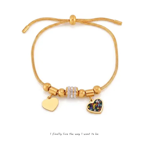 Heart Pendant Adjustable Snake Chain Bracelet Stainless Steel 18K Gold Plated Colorful Rhinestone Bolo Jewelry Women