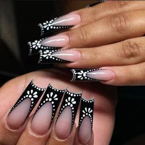 Unghie Finte Press On Nails Lunghe Forma Bara French Nere Puntini Bianchi Motivi Floreali Base Rosa Nude Eleganti