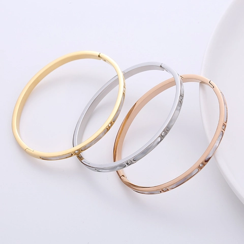 Bracciale Rigido In Acciaio Inossidabile Con Madreperla E Zircone Gioiello Minimalista Elegante Per Donne