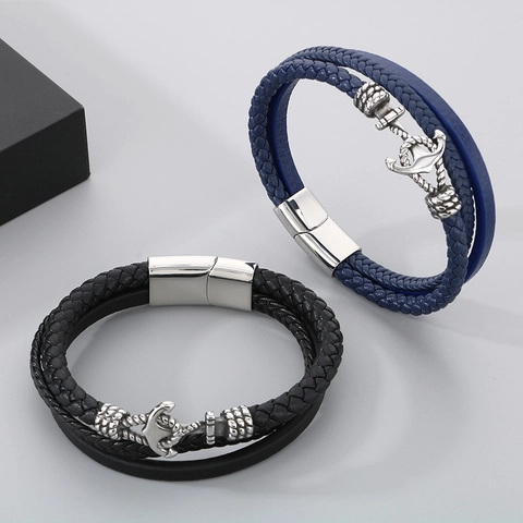 Men Multi-layer Woven Leather Bracelet With Stainless Steel Anchor Hook Vintage Nautical Retro Jewelry Bangle