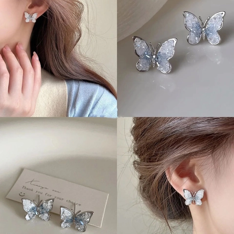 Butterfly Flower Heart Stud Earrings With Silver Earring Post Crystal Rhinestone Alloy Jewelry For Women Fashion