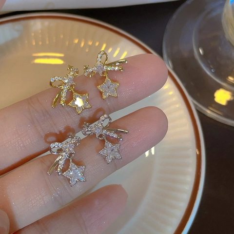 Orecchini A Lobo Fiocco Stella Zircone Incastonato Gioielli In Rame Con Perno In Argento Per Donne Elegante Versatile
