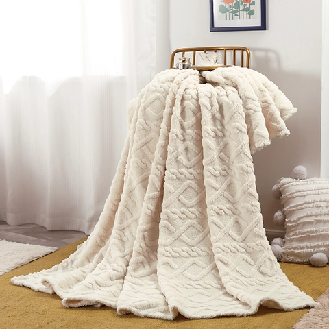 Manta De Franela Vellón Poliéster Relieve 3D Patrón Geométrico Rombos Gruesa Cálida Suave Felpa Sofá Cama Viaje Lujo