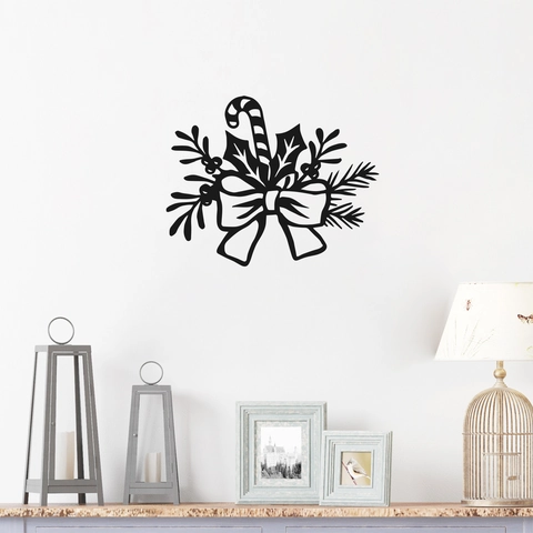 Kerst Muurstickers Zwart PVC Silhouet Zuurstok Strik Dennetakken Stickers Voor Woonkamer Feest Decoratie