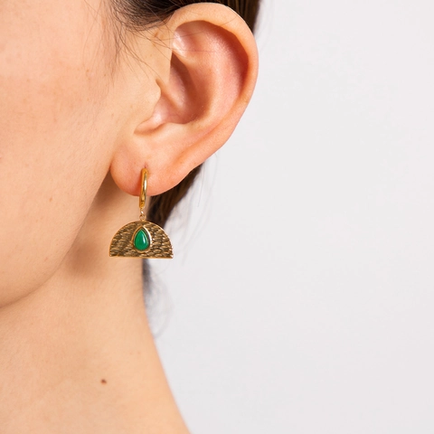 Orecchini A Goccia Martellati In Acciaio Inossidabile Placcati Oro Con Pietra Naturale Verde Stile Vintage Retro