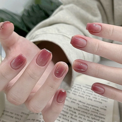Künstliche Nägel Kurz Rund Farbverlauf Rotbraun Silber Glitzer Glänzend Acryl Falsche Fingernägel Für Frauen