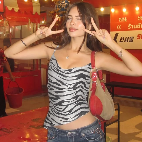 Zebra Print Cowl Neck Camisole Top Sexy Backless Slim Fit Polyester Spandex Streetwear Cropped Tank For Women