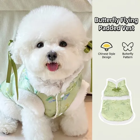 Chinese Style Pet Dog Cat Cotton Vest New Year Festive Butterfly Print Faux Fur Trim Thickened Winter Warm Padded Jacket