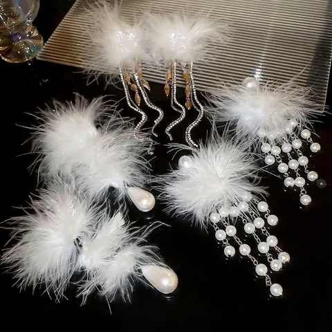 Elegant Faux Artificial Pearl Feather Long Tassel Earrings With 925 Sterling Silver Earring Post Rhinestone Flower Drop For Women