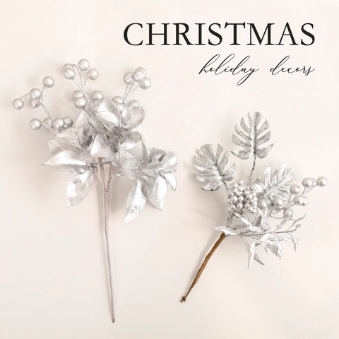 Kunstmatige Kerstbessen Stelen Metallic Glitter Monstera Blad Prikkers Voor Kerstboom Krans DIY Decoratie