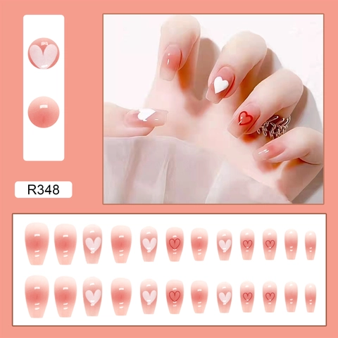 Uñas Postizas A Presión Degradado Rosa Blush Patrón De Corazón Estilo Francés Plástico ABS Dulce Para Mujeres