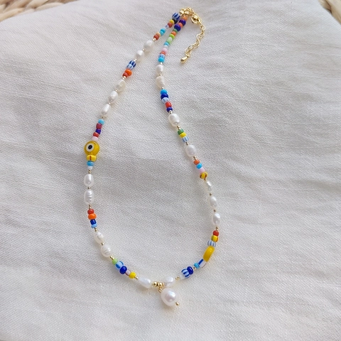 Collana di Perle d'Acqua Dolce Bohémien per Donna Perline di Vetro Colorate Ciondolo Occhio del Male Gioielli Fatti a Mano