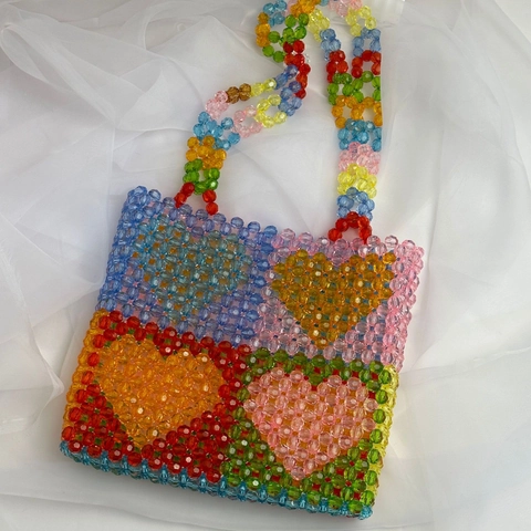 Handgefertigte Perlen-Tote-Bag Acryl Bunt Herzmuster Sommer Hollow Handgewebte Umhängetasche Für Damen Modisch