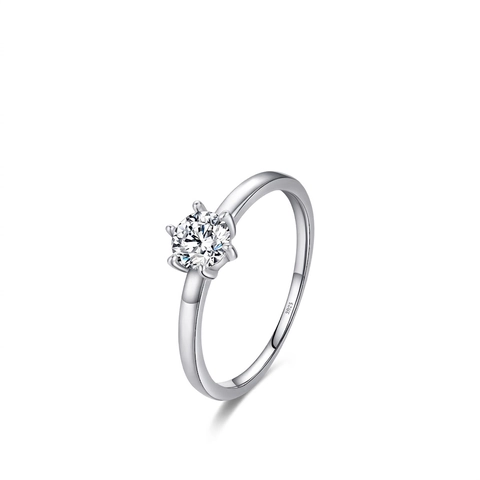 925 Sterling Silber Solitärring Runder Zirkonia Sechskrallenfassung Einfacher Eleganter Verlobungsschmuck Für Damen