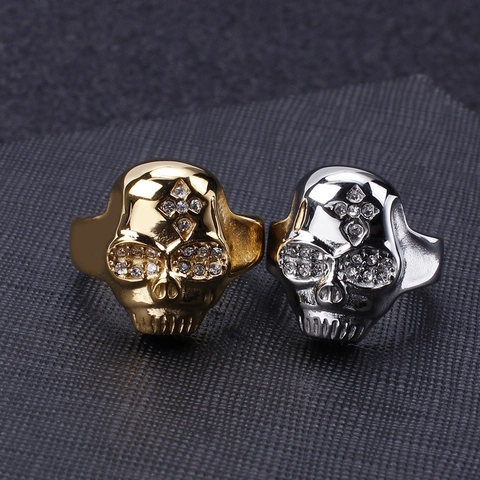 Men Skull Ring 316L Stainless Steel White Rhinestone Inlaid Hip Hop Gothic Punk Jewelry Polished Vintage Style