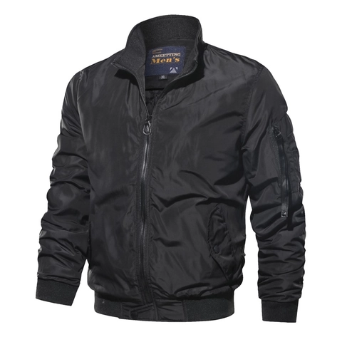 Men Casual Bomber Jacket Stand Collar Windbreaker Coat With Sleeve Pocket Solid Color Plus Size Men Outerwear