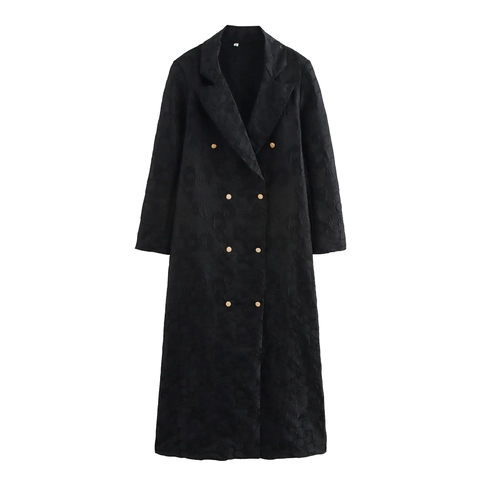 Dames Lange Trenchcoat Jacquard Polyester Double Breasted Pakkraag Elegante Losse Mantel Met Gouden Knopen
