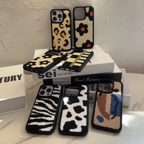 Funda de Teléfono de Felpa con Bordado de Patrón Animal Leopardo Cebra Para iPhone 17 16 15 14 13 Pro Max Antigolpes
