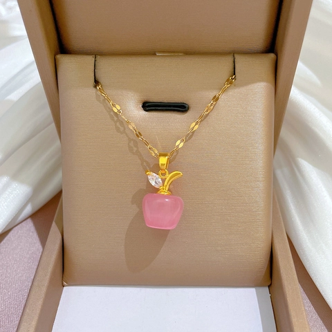 Apple Shape Pendant Necklace Stainless Steel Chain Copper Cat Eye Stone Zircon Inlaid Jewelry Gift For Women