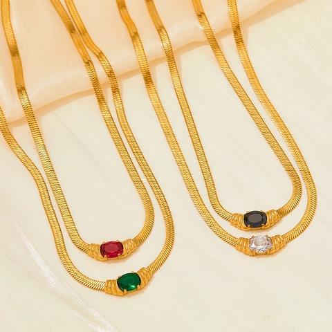 Stainless Steel Necklace Gold Plated Flat Herringbone Snake Chain With Oval Gemstone Pendant Elegant Fashion Jewelry For Women
