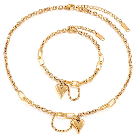 Conjunto De Joyería De Collar Y Pulsera Con Colgante De Corazón Acero Inoxidable Cadena De Clip Mixta Para Mujer