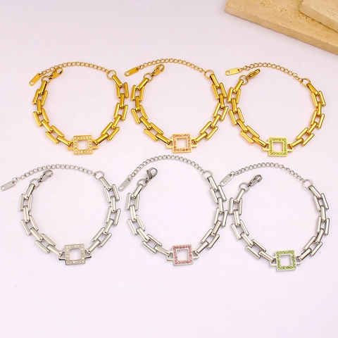 Luxury Stainless Steel Geometric Square Pave Rhinestone Chain Bracelet Elegant Gold Silver Plated Fashion Jewelry For Women