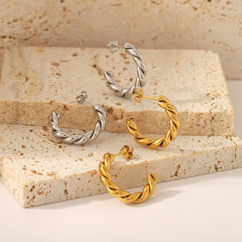 Boucles D'oreilles Créoles Torsadées Acier Inoxydable Plaqué Or 18K Forme C Style Géométrique Élégant Pour Femme