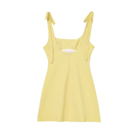 Gingham Mini Dress Sleeveless Bow Tie Shoulder Strap Slim Fit Seersucker Square Neck Summer For Women