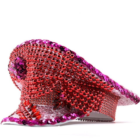 Military Captain Hat With Red Rhinestones And Pink Sequins Stage Performance Sparkling Rhinestone Decor For Women