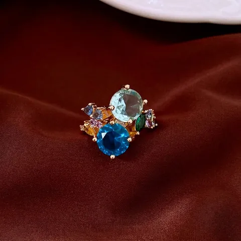 Anello In Rame Regolabile Zircone Colorato Design Geometrico Cavo Stile Retrò Lusso Gioielli Eleganti Per Donne