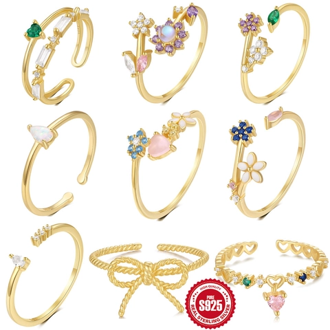 925 Sterling Silber Offener Verstellbarer Ring Mit Buntem AAAAA Zirkonia Opal Blumen Herz Koreanischer Luxus Ins Stil Damen