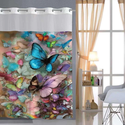 Waterproof Polyester Shower Curtain Hook Free Double Layer With Detachable Liner Mesh Top Butterfly Print Decor