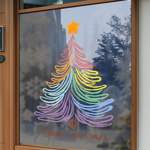 Christmas Tree Window Stickers Static Cling PVC Reusable Removable Glass Door Decoration Colorful Festive Display