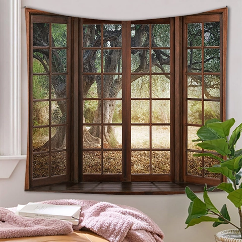 Tapiz Paisaje Natural Vista Ventana 3D Bosque Montaña Tela Poliéster Decoración Pared Estética Habitación